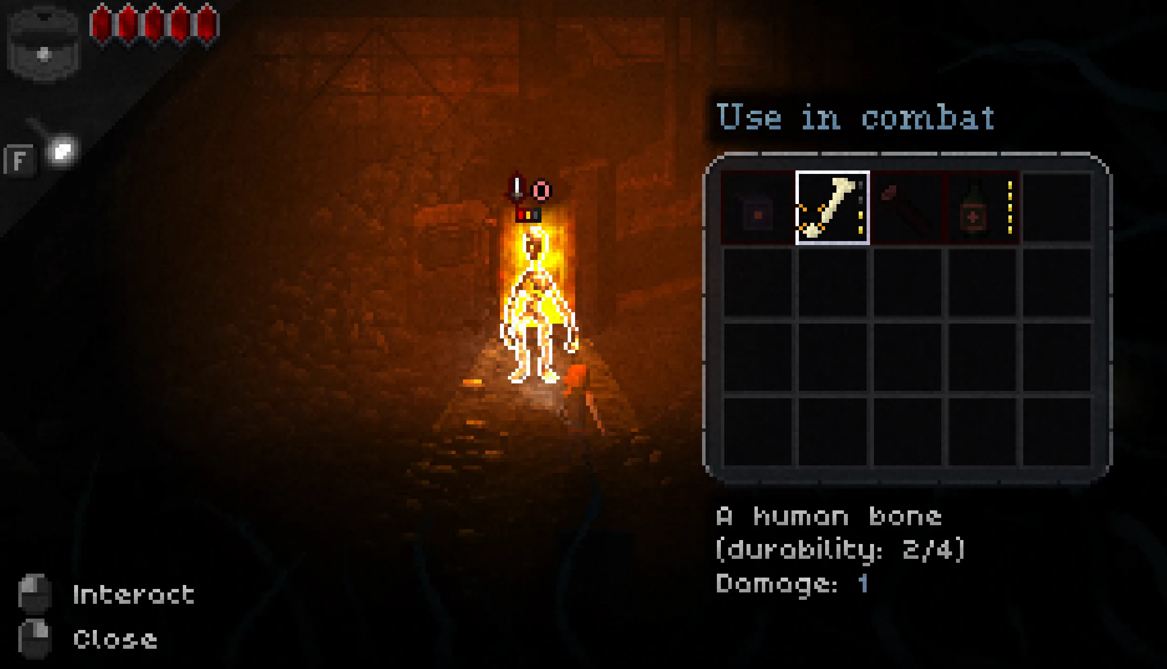 Amy facing a burning Abomination in a stone tunnel